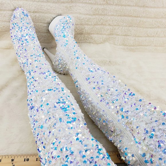 White Ice Multi Stretch Sequin Platform 7" Heels Thigh High Boots 3020 - Picture 3 of 13